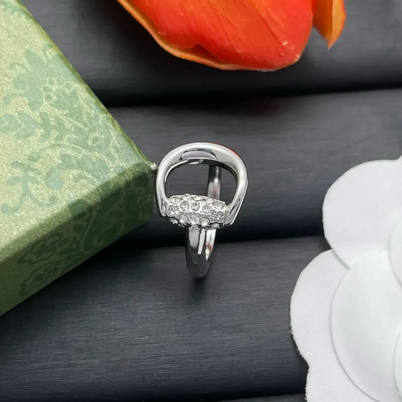 Silver-Tone Open Hoop Pavé Crystal Adjustable Ring 6