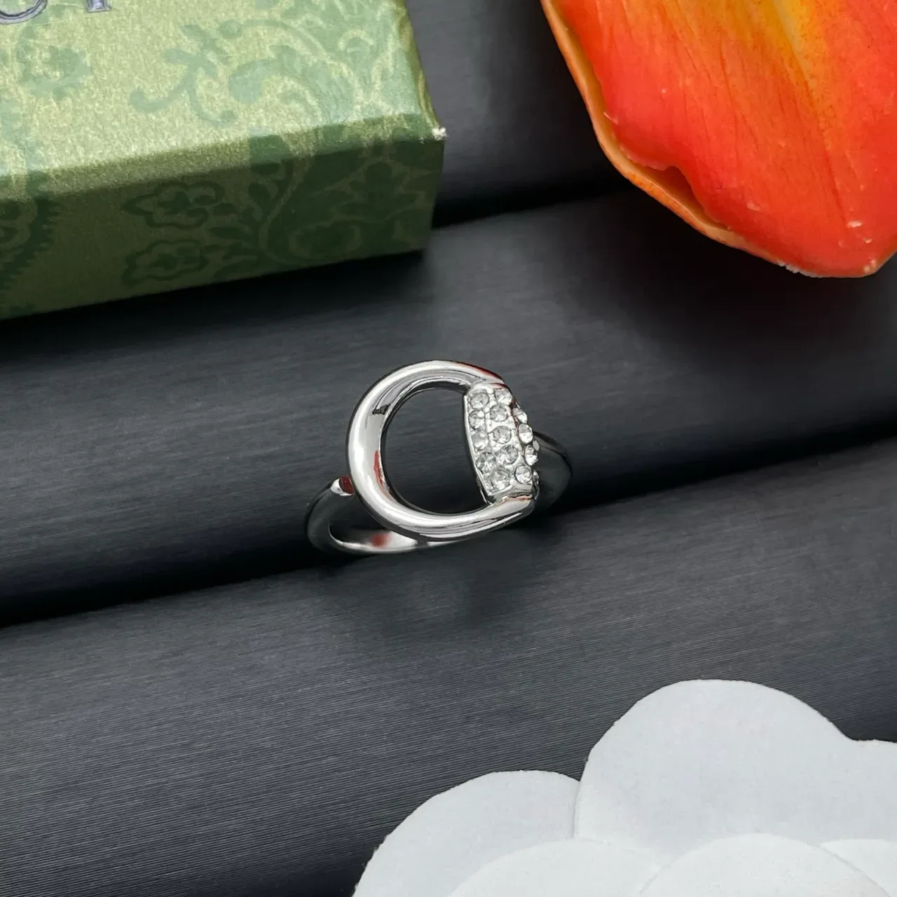 Silver-Tone Open Hoop Pavé Crystal Adjustable Ring 8