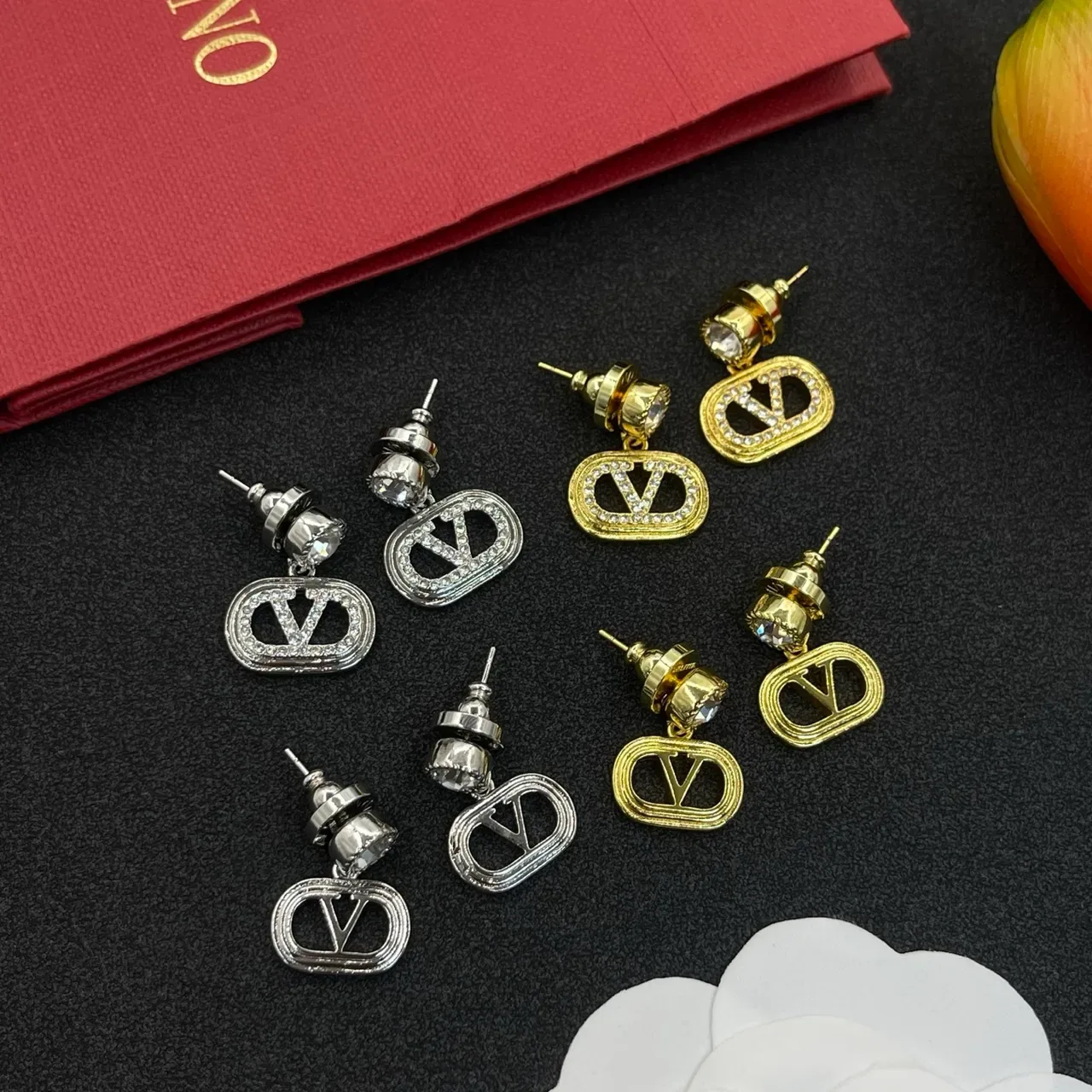 Silver-Tone Pavé Crystal Oval Logo Dangling Earrings 2