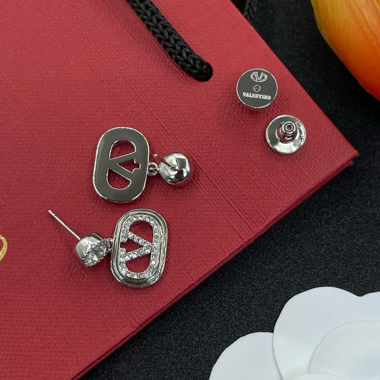 Silver-Tone Pavé Crystal Oval Logo Dangling Earrings 4