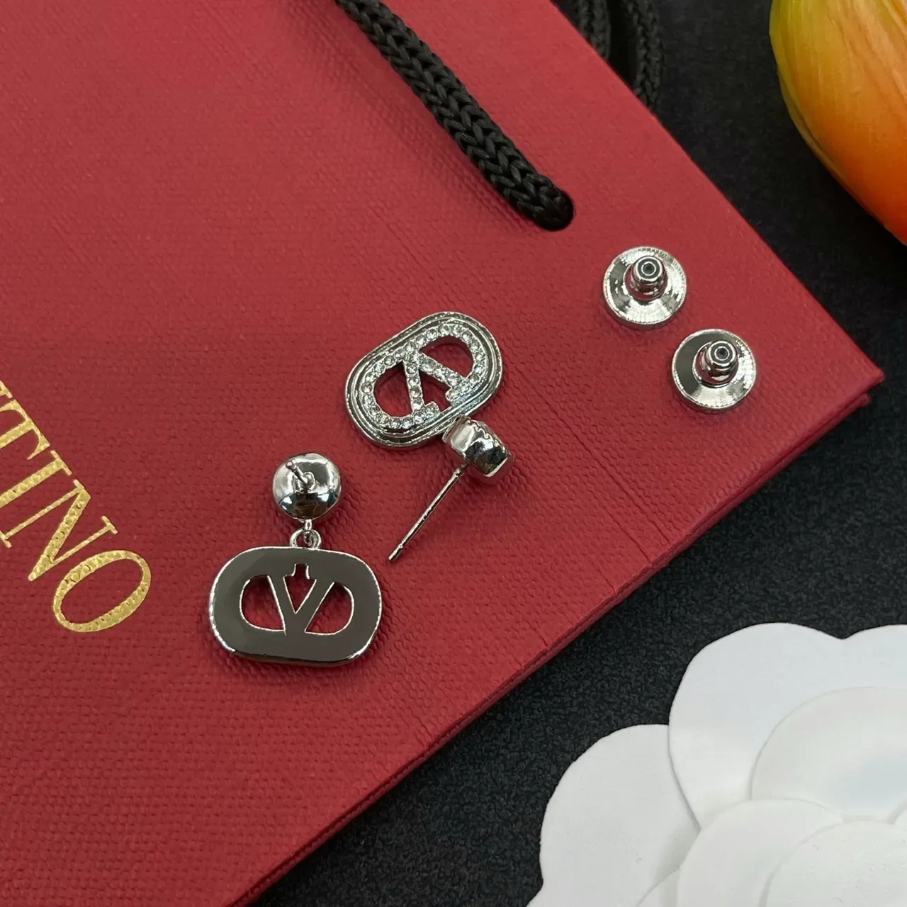 Silver-Tone Pavé Crystal Oval Logo Dangling Earrings 5