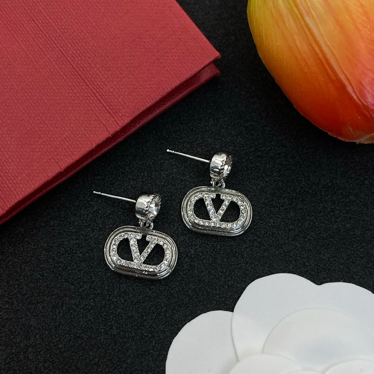 Silver-Tone Pavé Crystal Oval Logo Dangling Earrings 7