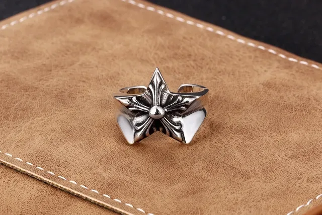 Silver-Tone Star Floral Motif Open Adjustable Ring 4