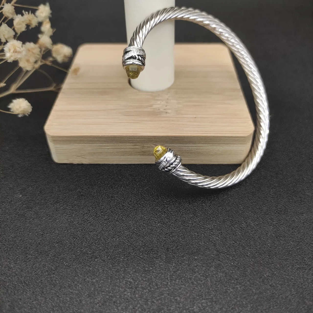 Silver-Tone Twisted Cable Gemstone-Terminal Open Cuff Bracelet 2