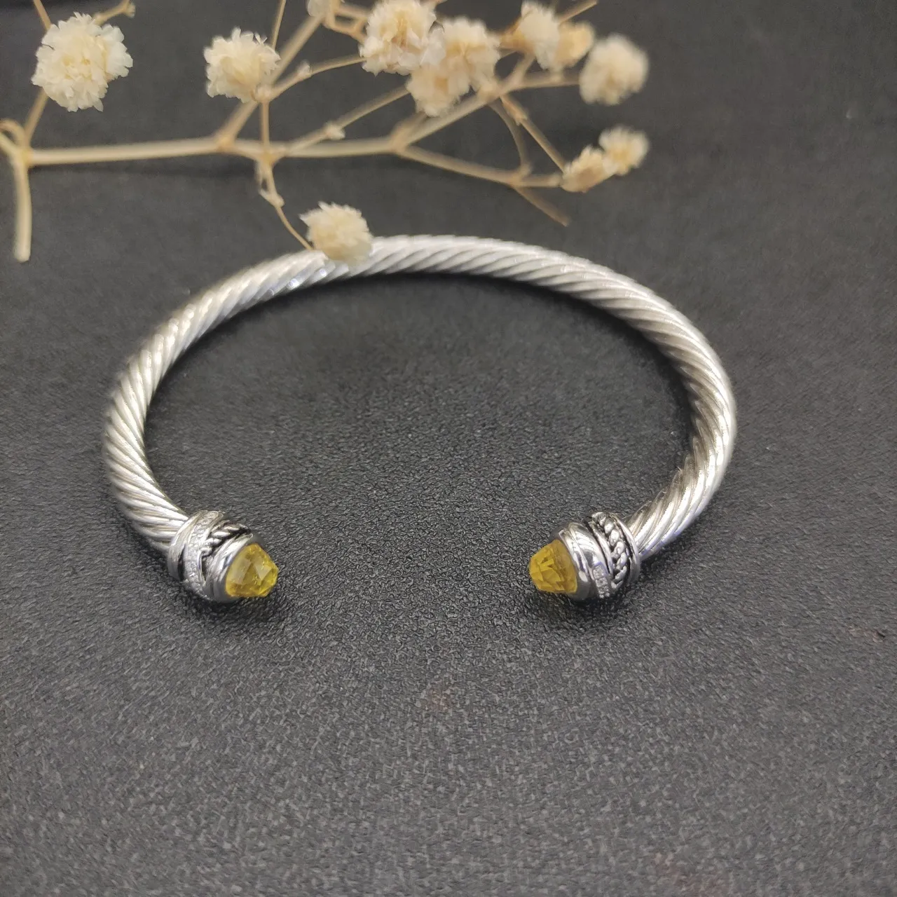 Silver-Tone Twisted Cable Gemstone-Terminal Open Cuff Bracelet 3