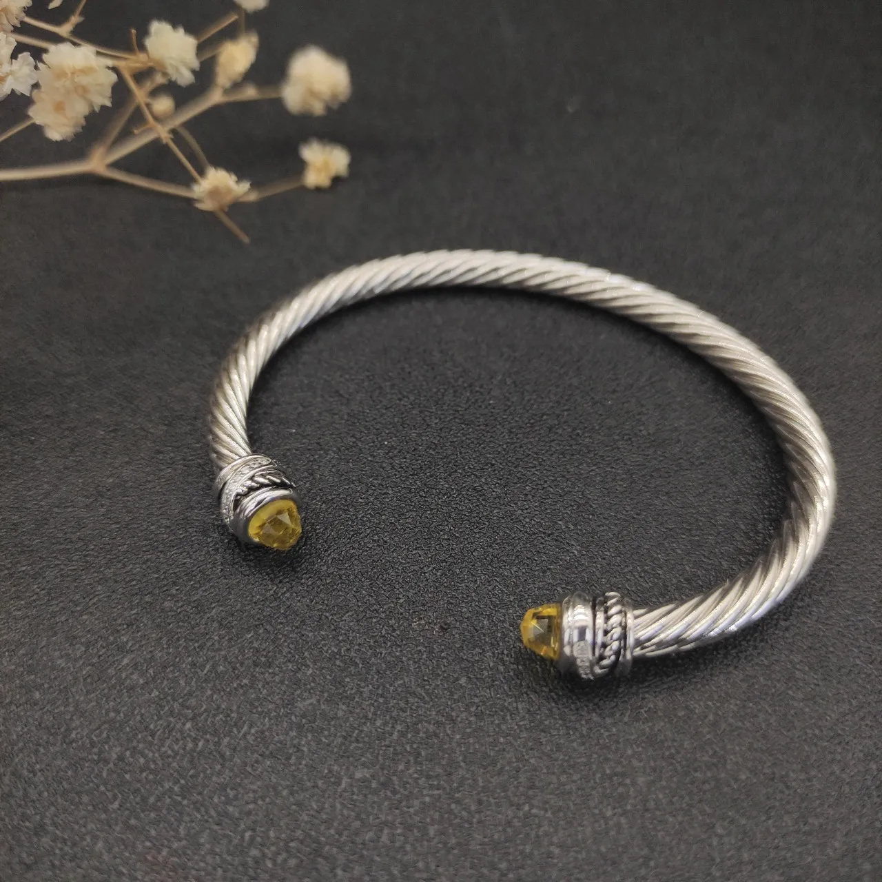 Silver-Tone Twisted Cable Gemstone-Terminal Open Cuff Bracelet 4