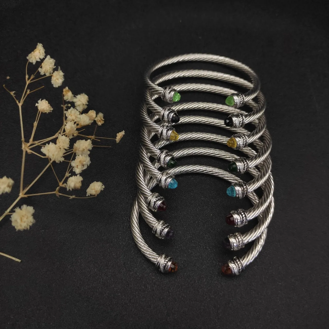 Silver-Tone Twisted Cable Gemstone-Terminal Open Cuff Bracelet 6