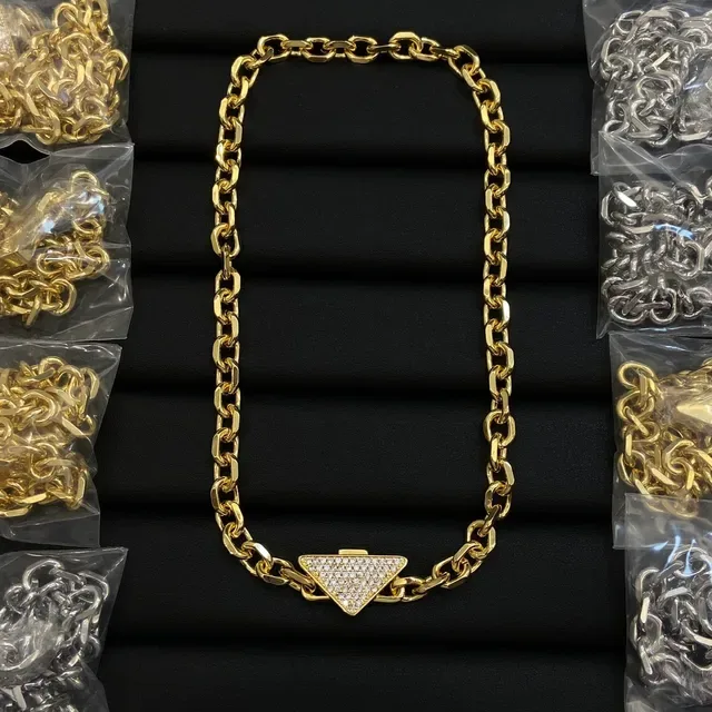 Silver-Toned Chunky Curb Chain Pavé Triangle Pendant Necklace 2