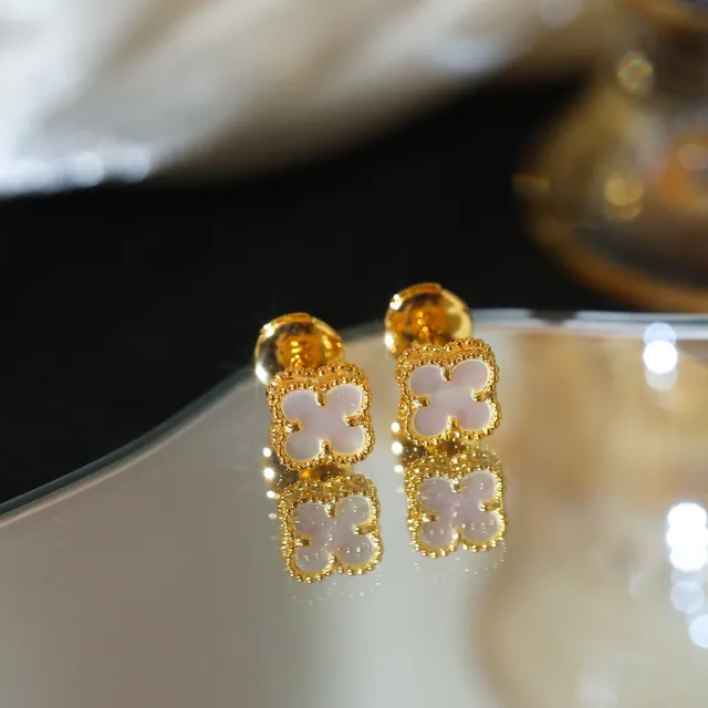 Silver-Toned Clover-Shaped Mother-of-Pearl Stud Earrings 3