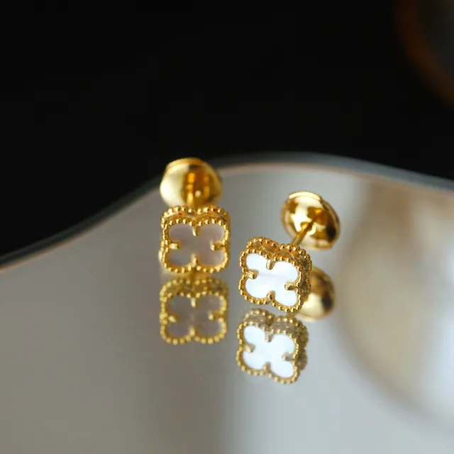 Silver-Toned Clover-Shaped Mother-of-Pearl Stud Earrings 4