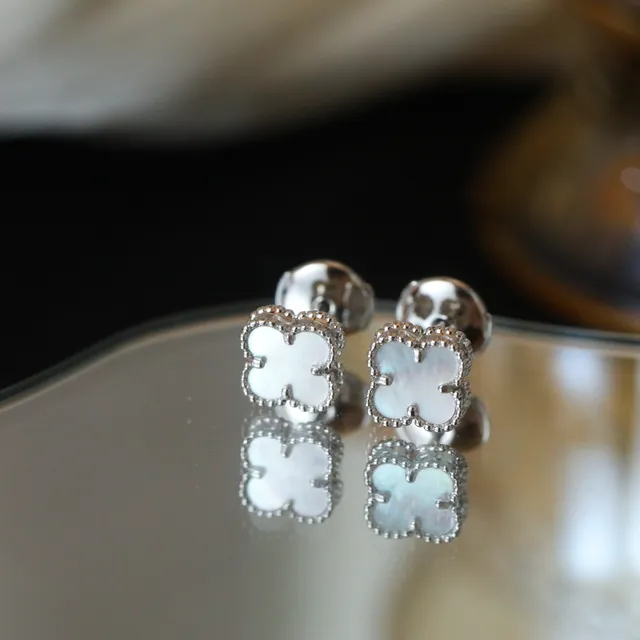 Silver-Toned Clover-Shaped Mother-of-Pearl Stud Earrings 9