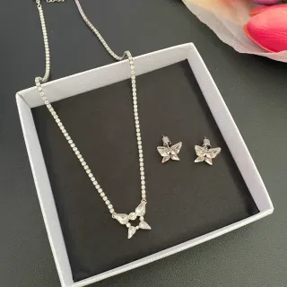 Brincos de prata cristal transparente corrente Pavé motivo borboleta colar