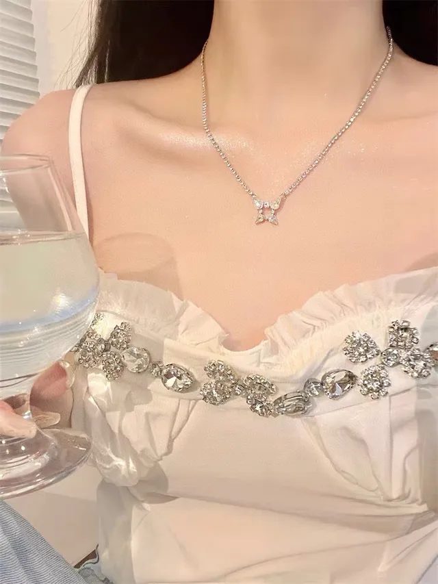 Silver Transparent Crystal Pavé Chain Butterfly Motif Earrings Necklace 3
