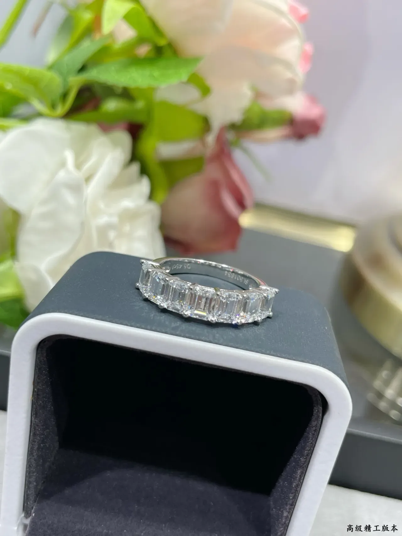 Silver Transparent Emerald-Cut Stones Channel-Set Ring 7