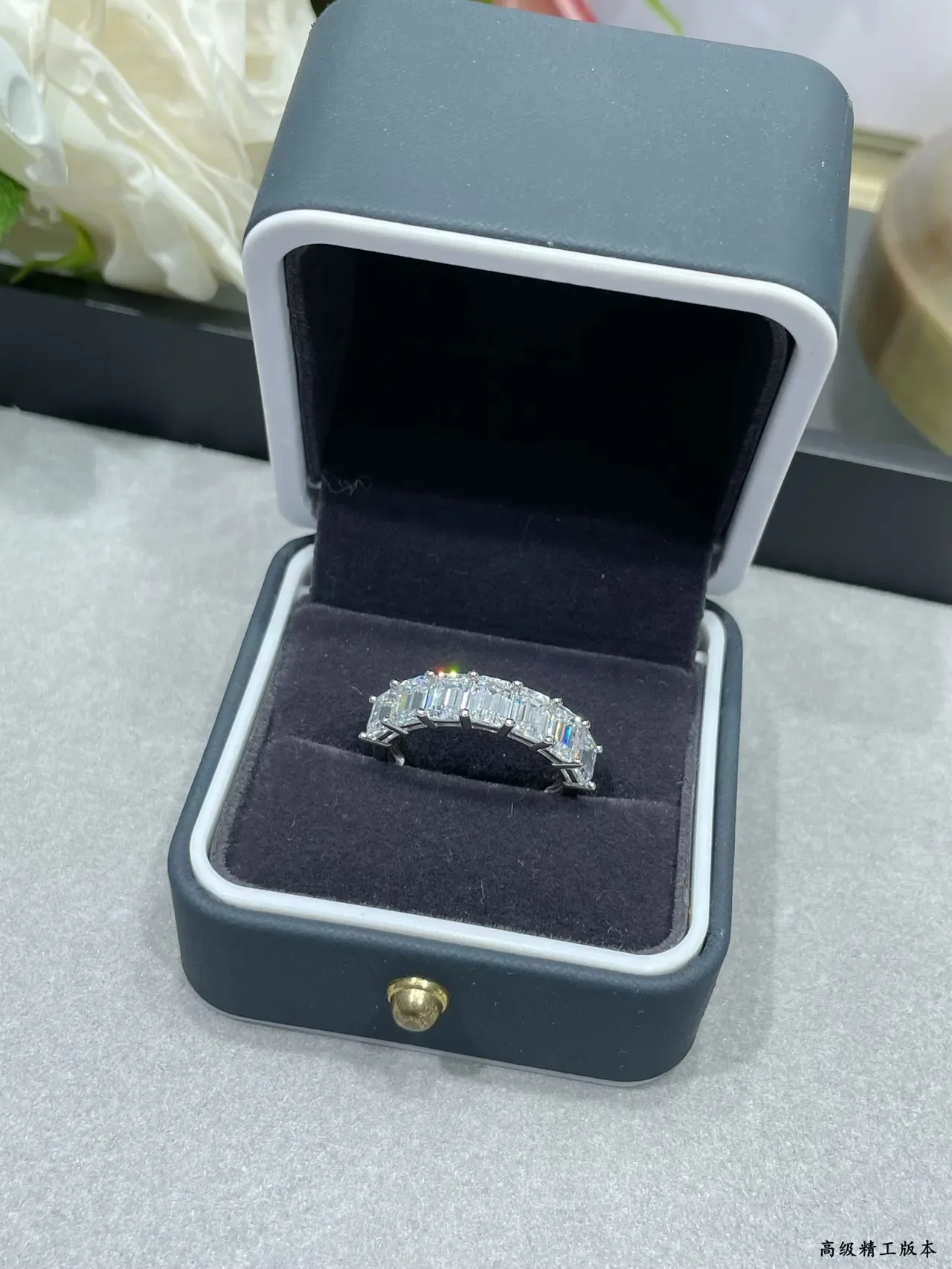 Silver Transparent Emerald-Cut Stones Channel-Set Ring 9