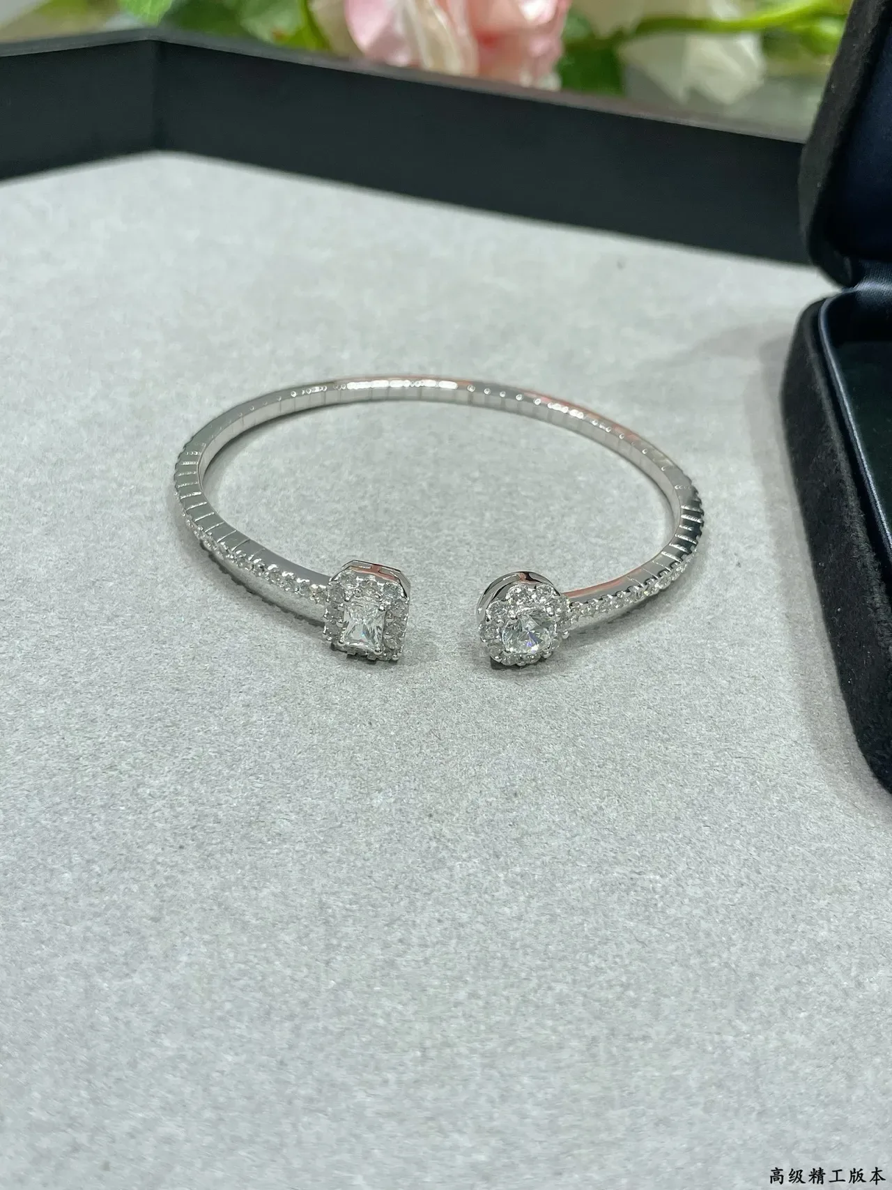 Silver Transparent Pavé-Set Open-Cuff Bangle Bracelet 6