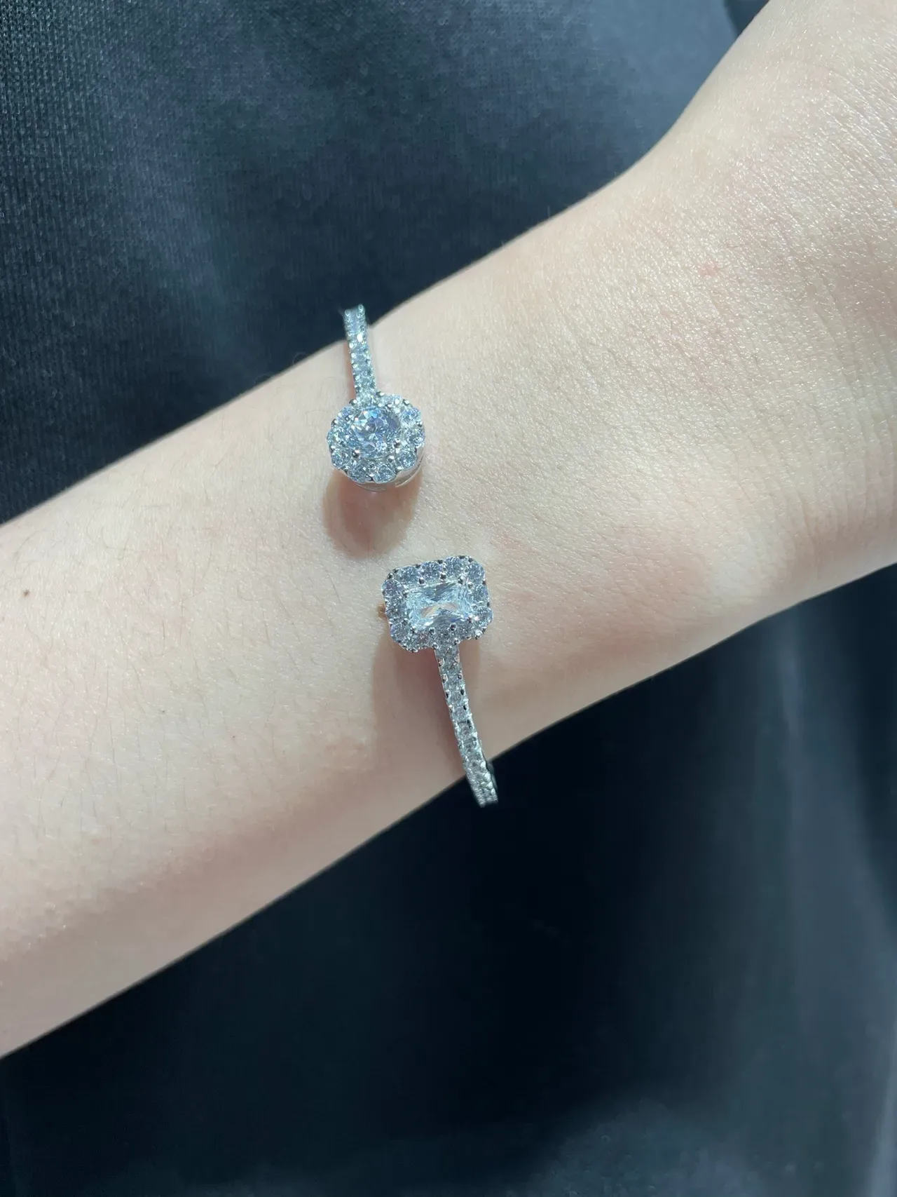 Silver Transparent Pavé-Set Open-Cuff Bangle Bracelet 9