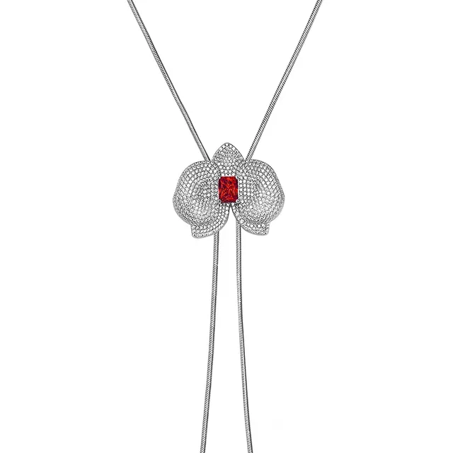 Silver Transparent Pavé-Set Orchid-Shaped Pendant Central Emerald-Cut Stone Necklace 9