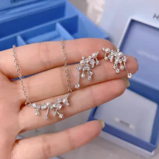 Silver White Chain Pearl And Crystal Cluster Earrings