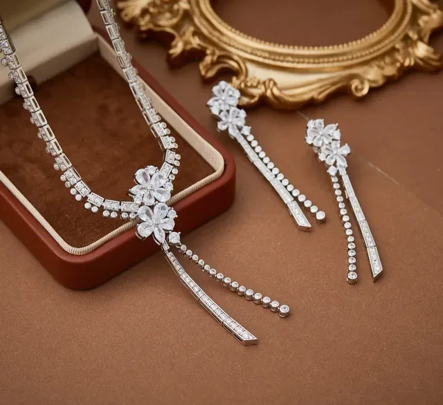 Silver White Floral Motif Centerpiece Pavé-Set Stones Necklace 4