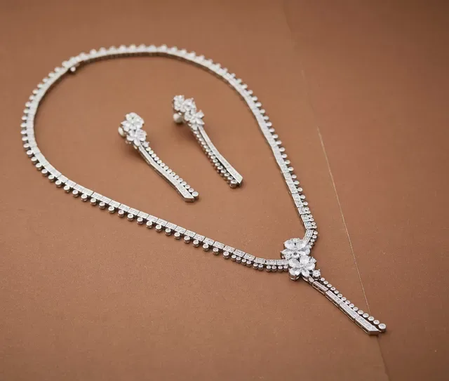 Silver White Floral Motif Centerpiece Pavé-Set Stones Necklace 5