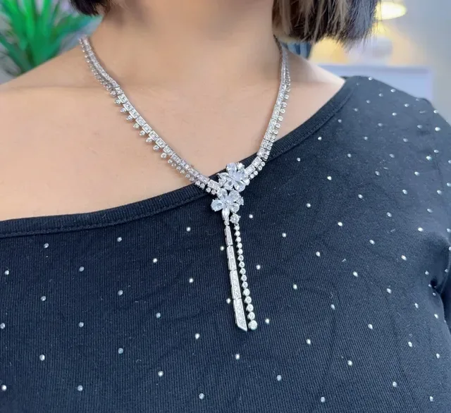 Silver White Floral Motif Centerpiece Pavé-Set Stones Necklace 6