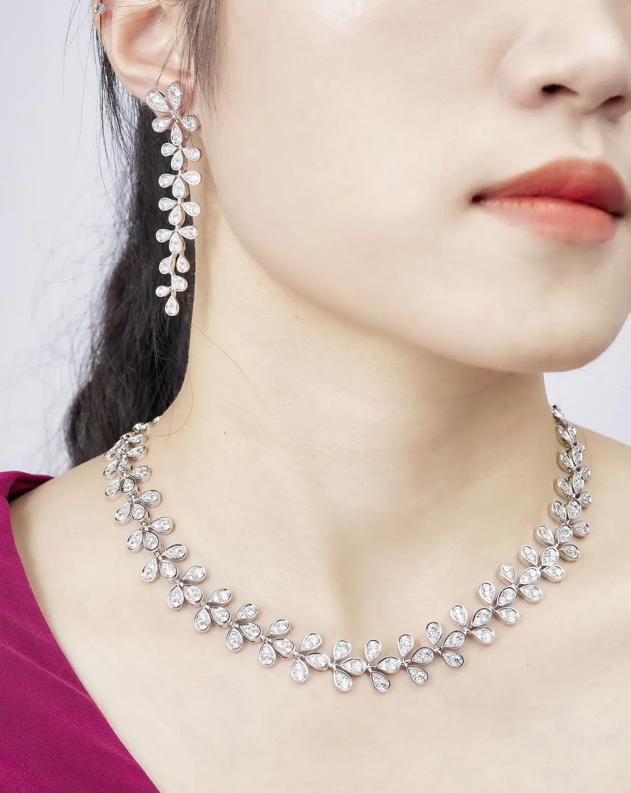 Silver White Floral Motif Pavé-Set Stones Earrings 3