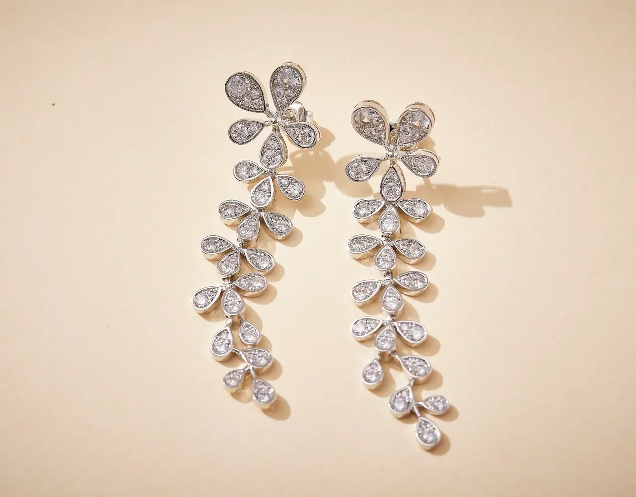 Silver White Floral Motif Pavé-Set Stones Earrings 6