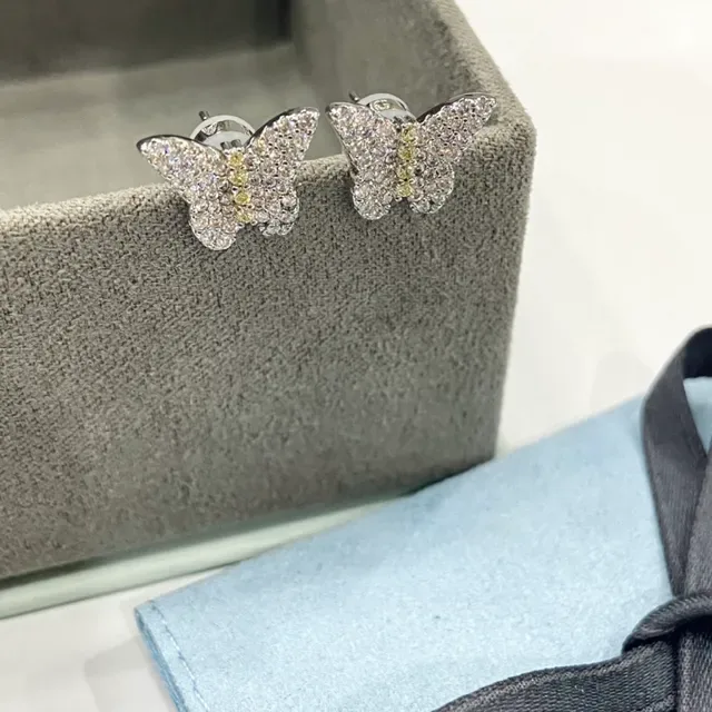 Silver Yellow Butterfly Silhouette Pavé-Set Stones Earrings 2