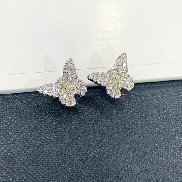 Silver Yellow Butterfly Silhouette Pavé-Set Stones Earrings 4