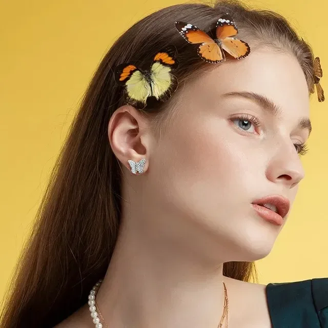 Silver Yellow Butterfly Silhouette Pavé-Set Stones Earrings 6
