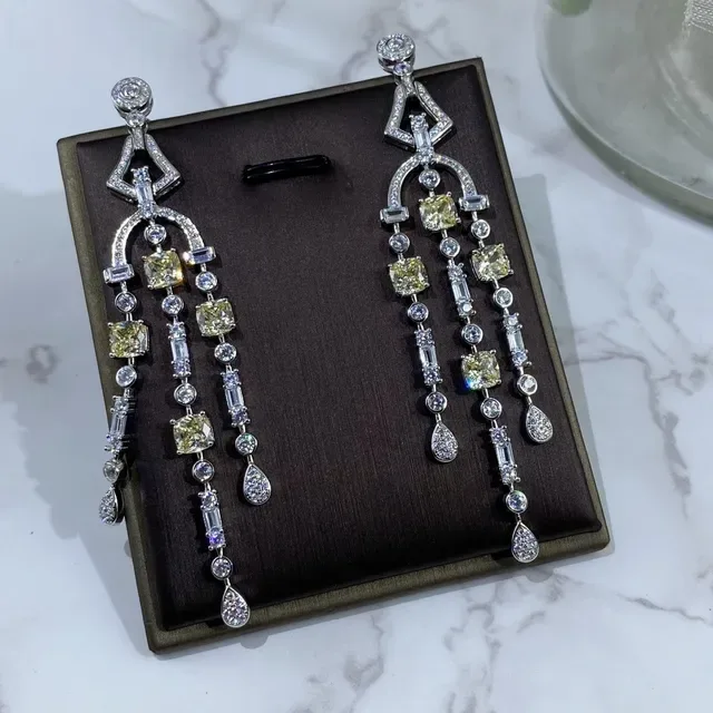 Silver Yellow Chandelier-Style Multi-Tiered Earrings 5