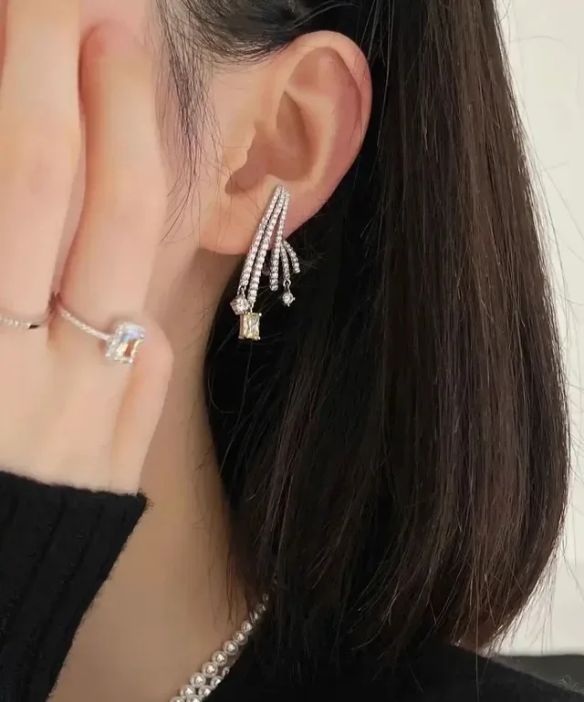 Silver Yellow Multi-Strand Ear Cuff Pavé Crystal Encrusted Earrings 2