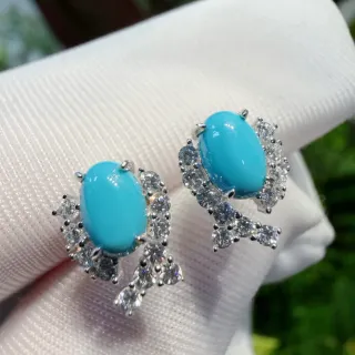 Sky Blue Cabochon and Pavé Drop Stud Earrings