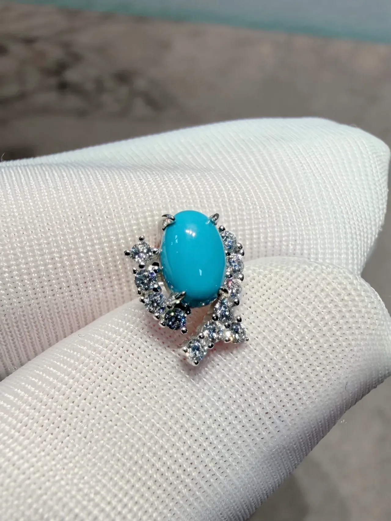 Sky Blue Cabochon and Pavé Drop Stud Earrings 5
