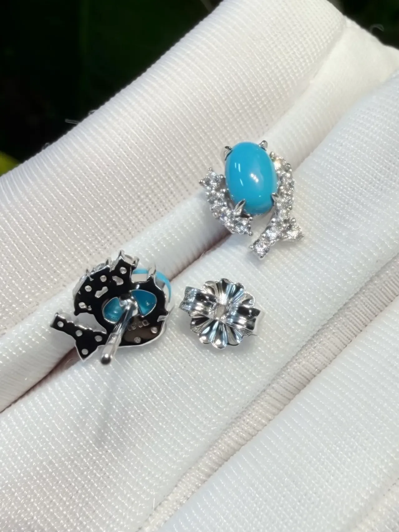 Sky Blue Cabochon and Pavé Drop Stud Earrings 8
