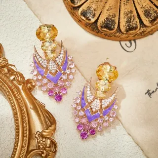 Statement Wing Motif Enamel and Gemstone Drop Earrings