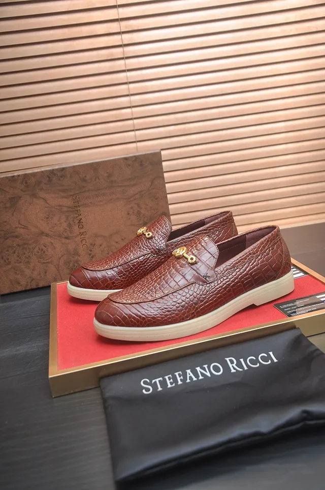 Stefano Ricci Brown Beige Crocodile-Embossed Leather Gold Horsebit Hardware Loafer 4