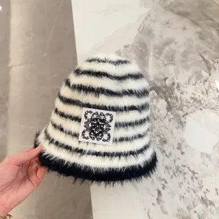 Striped Fluffy Faux Fur Patch-Adorned Bucket Hat