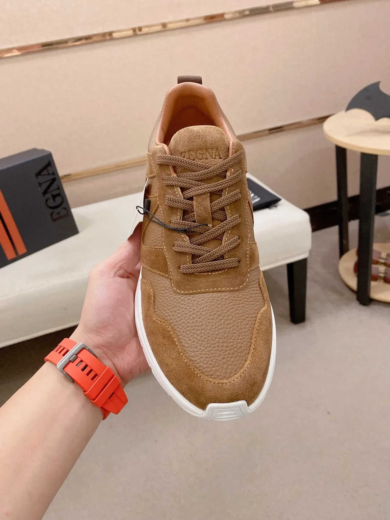 Tan Suede and Pebbled Leather Lifestyle Sneaker 2