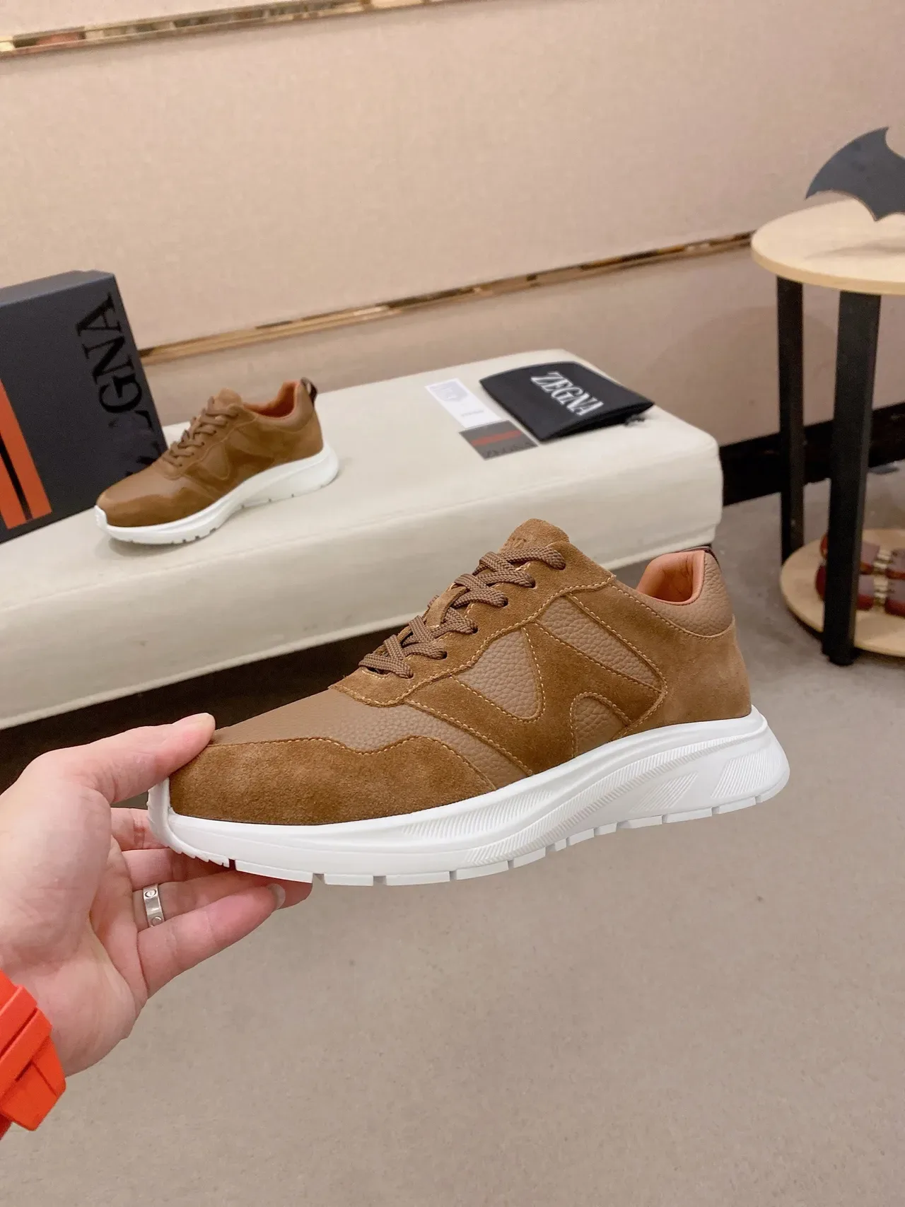 Tan Suede and Pebbled Leather Lifestyle Sneaker 3