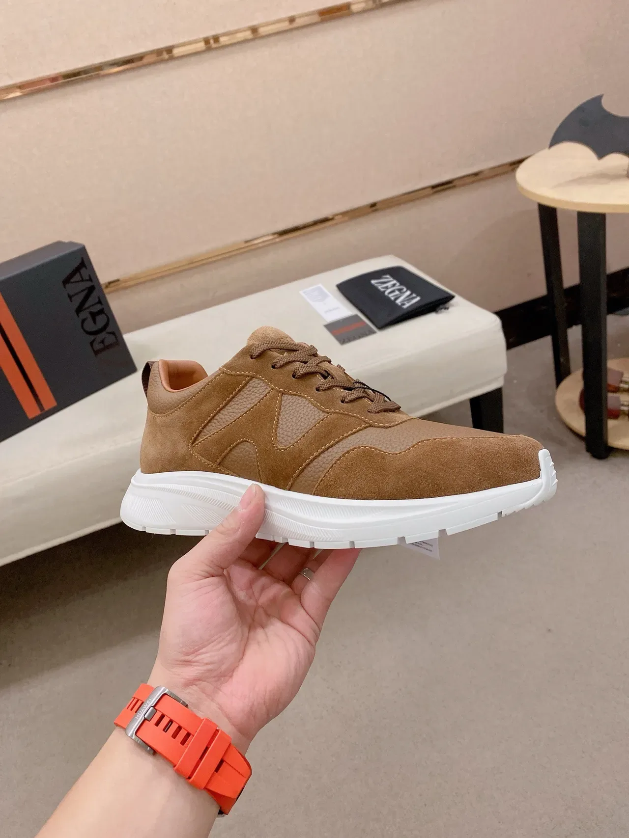 Tan Suede and Pebbled Leather Lifestyle Sneaker 4
