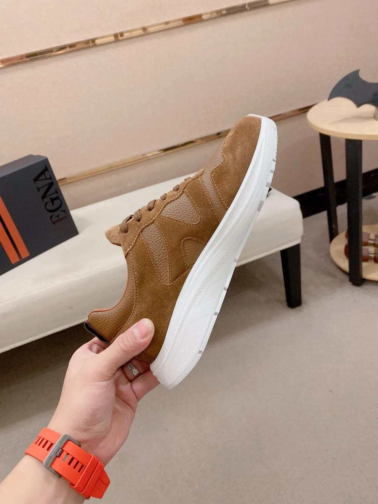 Tan Suede and Pebbled Leather Lifestyle Sneaker 5