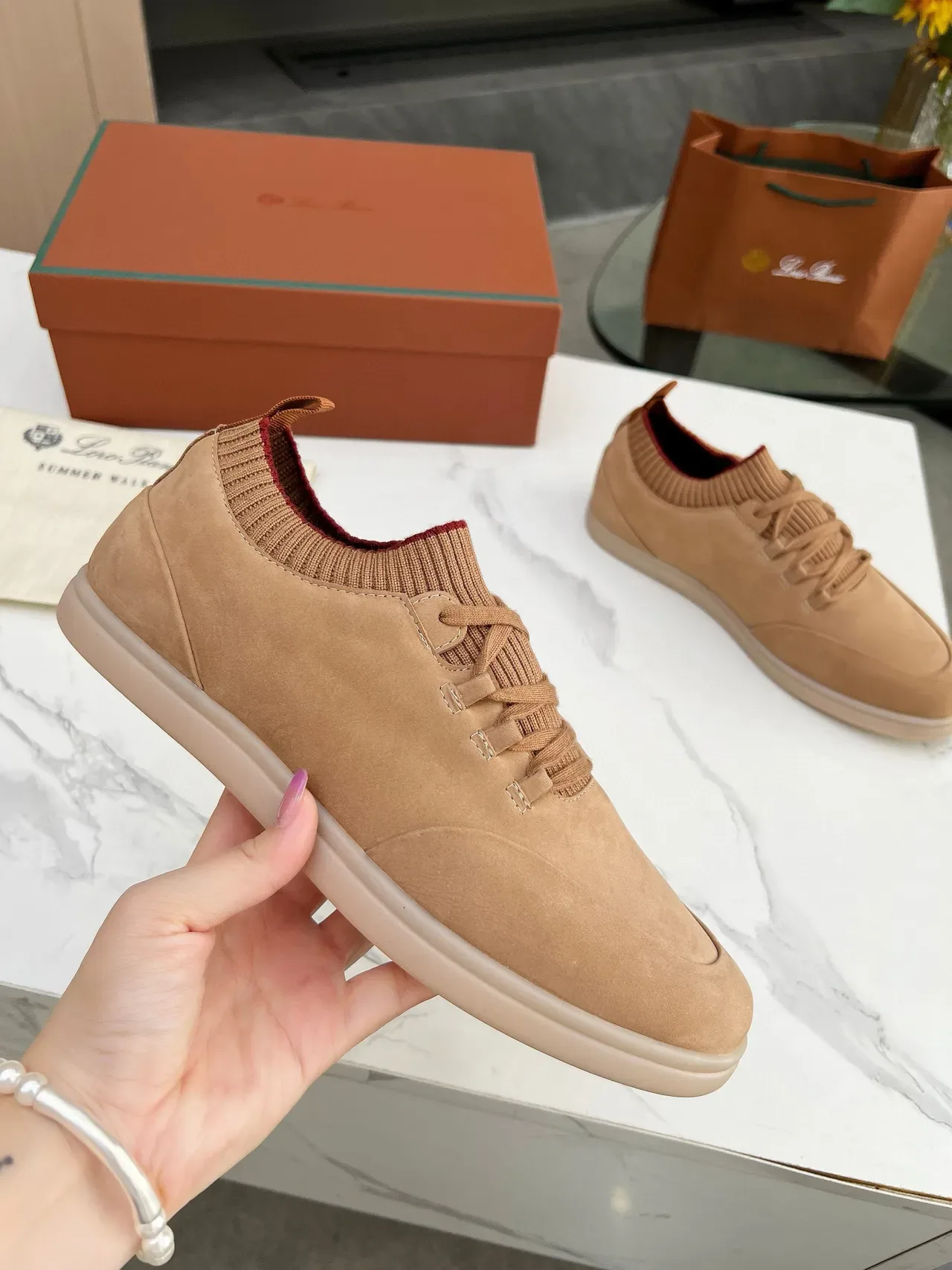 Tan Suede Knit-Collar Lifestyle Sneakers 2