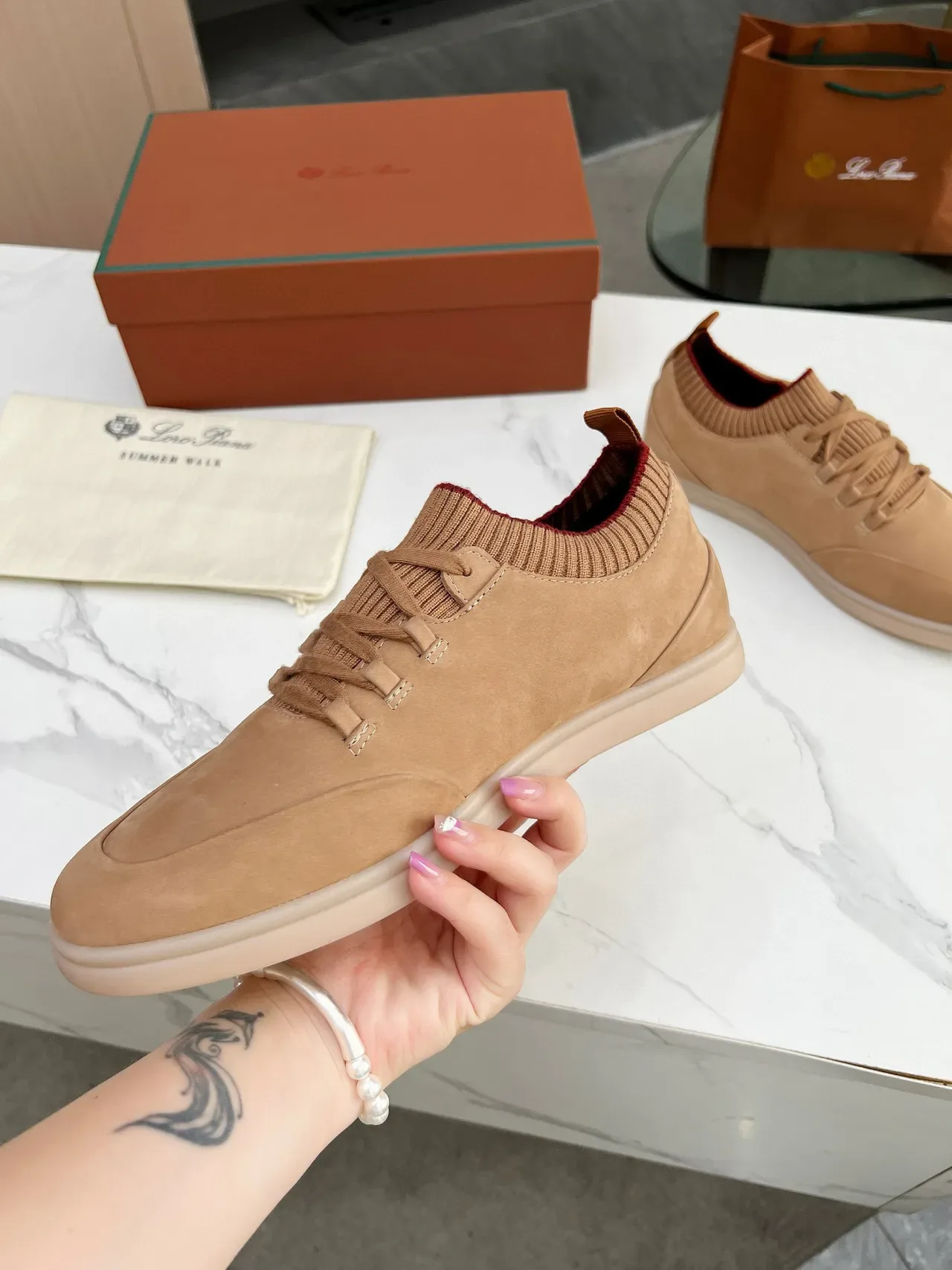Tan Suede Knit-Collar Lifestyle Sneakers 3
