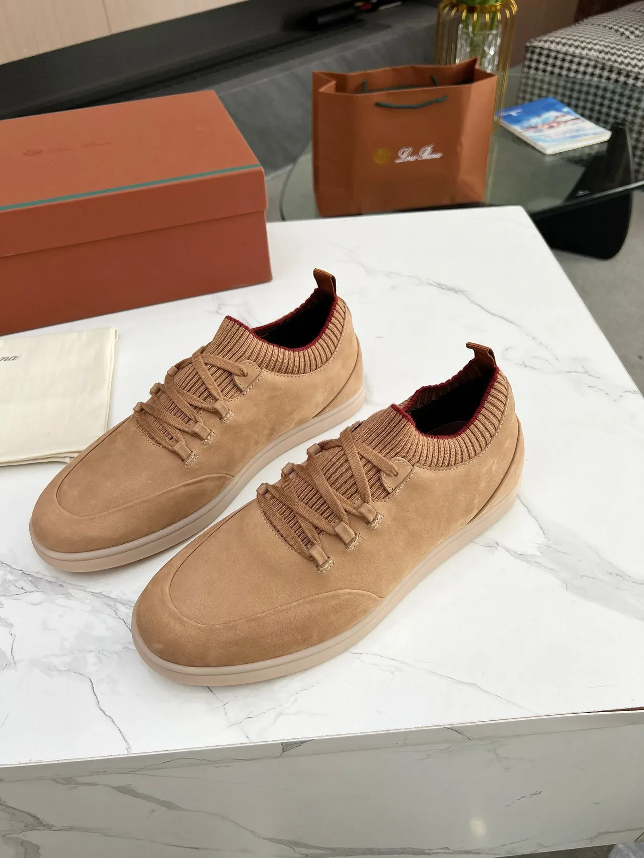 Tan Suede Knit-Collar Lifestyle Sneakers 5