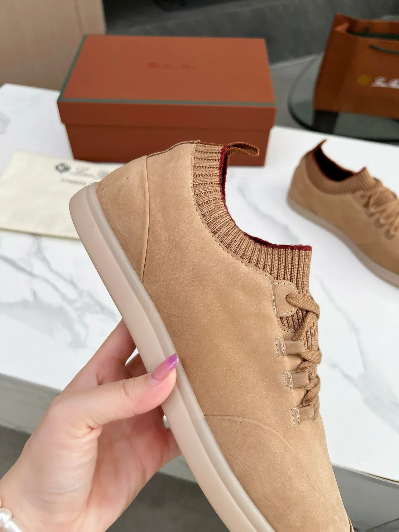 Tan Suede Knit-Collar Lifestyle Sneakers 7