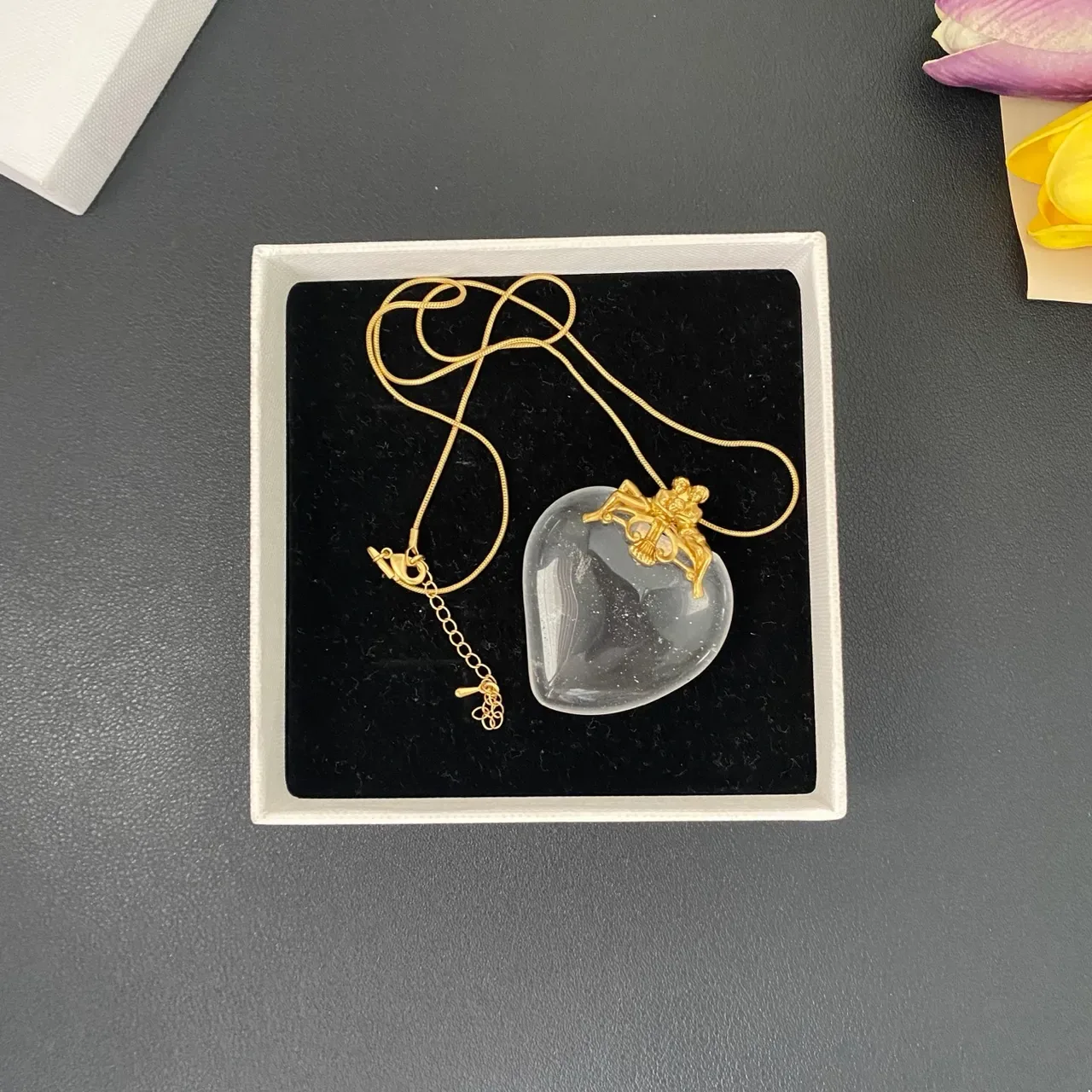 Transparent Gold Heart-Shaped Pendant Translucent Stone Necklace 4