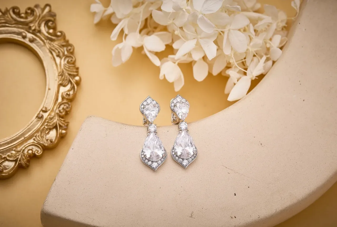 Transparent Silver Pear-Shaped Drop Marquise-Cut Top Stone Earrings 4