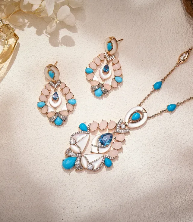 Turquoise and Pink Multi-Stone Chandelier Earrings 2